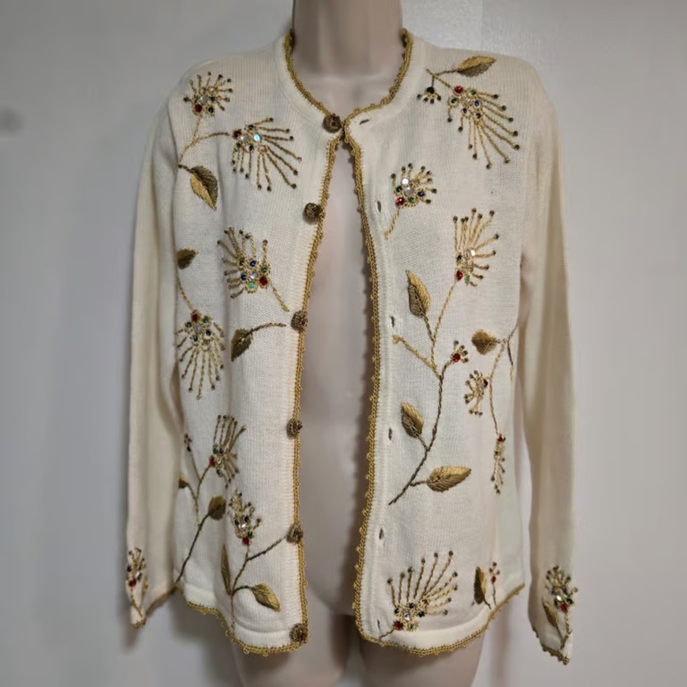 Floral Embroidered Cream Cardigan
